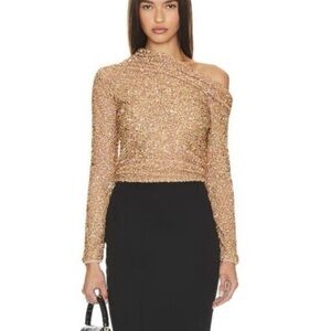 SELF-PORTRAIT Asymmetric Gold Sequined Crepe Top